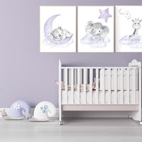 Animal nursery, Purple nursery decor, elephant, giraffe, bear, woodland animals, lilac nursery decor, lavender, girl nursery, moon and stars