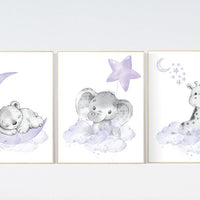 Animal nursery, Purple nursery decor, elephant, giraffe, bear, woodland animals, lilac nursery decor, lavender, girl nursery, moon and stars