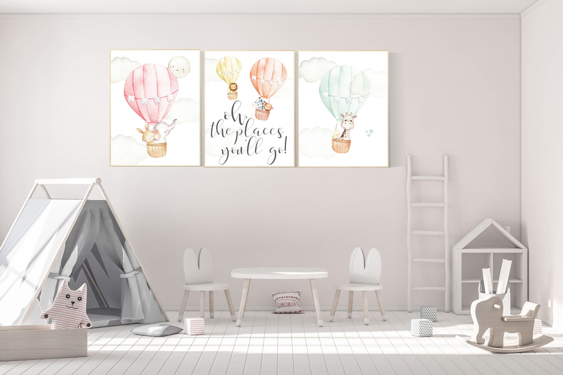 Nursery decor animals, hot air balloon, elephant giraffe, bear, gender neutral, nursery decor twins, animal nursery, neutral, unisex