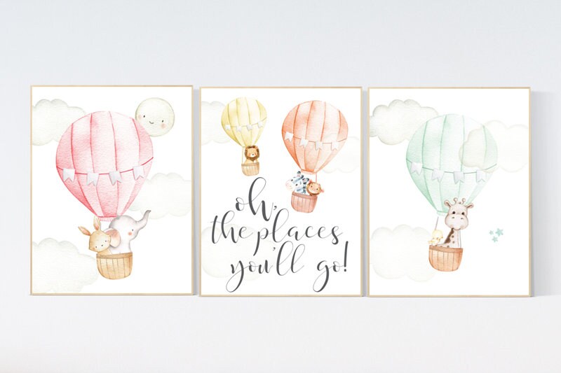 Nursery decor animals, hot air balloon, elephant giraffe, bear, gender neutral, nursery decor twins, animal nursery, neutral, unisex