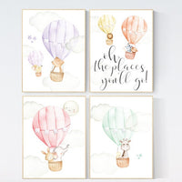 Nursery decor animals, hot air balloon, baby wall art, giraffe, bear, bunny, lion, gender neutral, twin nursery, woodland nursery, elegant