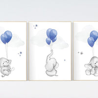 Nursery decor boy elephant, elephant balloon print, Nursery decor elephant, navy blue wall art, navy nursery decor, boy nursery wall art