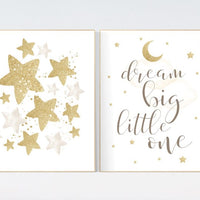 Gold nursery decor, neutral nursery, gender neutral, cloud, moon and stars, gold nursery prints, nursery decor girl, Dream big little one