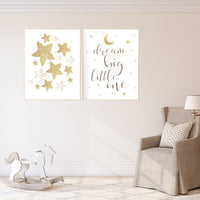 Gold nursery decor, neutral nursery, gender neutral, cloud, moon and stars, gold nursery prints, nursery decor girl, Dream big little one
