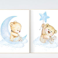 Nursery wall art bear, nursery decor animals, nursery decor woodland, nursery prints blue, teddy bear, baby blue, baby bear nursery