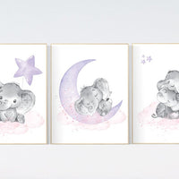 Nursery decor girl elephant, lavender, nursery decor girl pink and purple, animal nursery, elephant decor for nursery for girl, lilac art