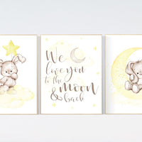 Nursery decor bunny, yellow nursery, rabbit nursery, yellow nursery, we love you to the moon and back, gender neutral, bunny nursery art