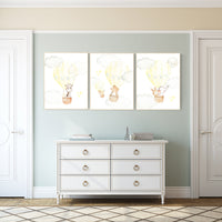 Hot air balloon nursery, nursery decor animals, nursery wall art yellow and gray, elephant, giraffe, bear, bunny, woodland animals, yellow