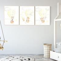Hot air balloon nursery, nursery decor animals, nursery wall art yellow and gray, elephant, giraffe, bear, bunny, woodland animals, yellow