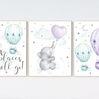 Nursery decor girl elephant, nursery decor girl purple, hot air balloon, purple mint, lavender, nursery decor girl lila, lilac mint, aqua