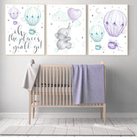 Nursery decor girl elephant, nursery decor girl purple, hot air balloon, purple mint, lavender, nursery decor girl lila, lilac mint, aqua
