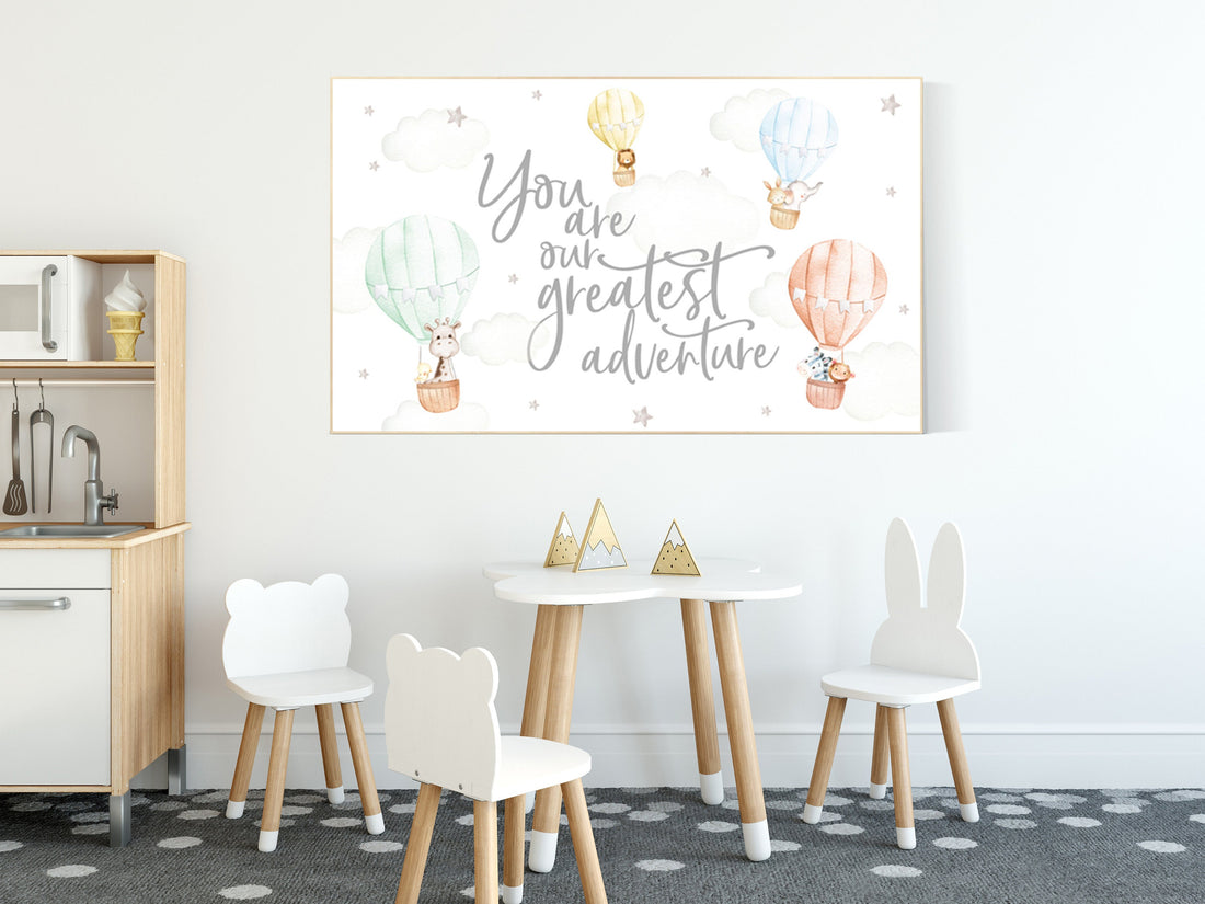 Nursery decor gender neutral, you are our greatest adventure, Hot air balloon nursery, safari animals, twin nursery, playroom decor, balloon