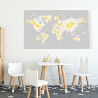 World map nursery, World map wall art, gender neutral nursery, yellow grey, yellow and grey, nursery wall art map, map print world, travel