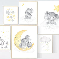 Nursery decor elephant, yellow grey nursery wall art, moon and stars, yellow nursery, gender neutral, twin nursery, unisex, yellow gray