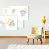 Nursery decor elephant, yellow grey nursery wall art, moon and stars, yellow nursery, gender neutral, twin nursery, unisex, yellow gray