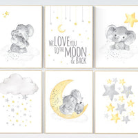 Yellow gray, elephant Nursery decor yellow, yellow nursery decor, gender neutral, baby room decor, yellow grey, twin nursery, baby room art