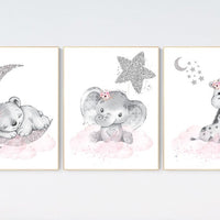 Animal nursery, nursery decor girl pink silver, nursery decor girl woodland animals, teddy bear, elephant, giraffe, baby girl nursery prints