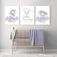 Purple nursery, Boho baby room, nursery wall art elephant, nursery decor girl, nursery decor girl floral, lilac nursery decor, lavender