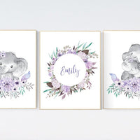 Purple teal nursery, Boho baby room, nursery wall art elephant, nursery decor girl, nursery decor girl floral, lilac nursery decor, lavender