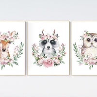 Nursery prints woodland, animal flower crown, Nursery decor girls, nursery prints animals, nursery decor girl flower, nursery decor flower