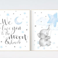 Nursery decor boy elephant, nursery wall art elephant, baby room decor boy, moon and stars, we love you to the moon and back, blue gray grey