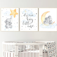 Nursery wall art elephant, dream big little one, cloud nursery decor, Nursery decor neutral, moon and stars, gender neutral nursery prints