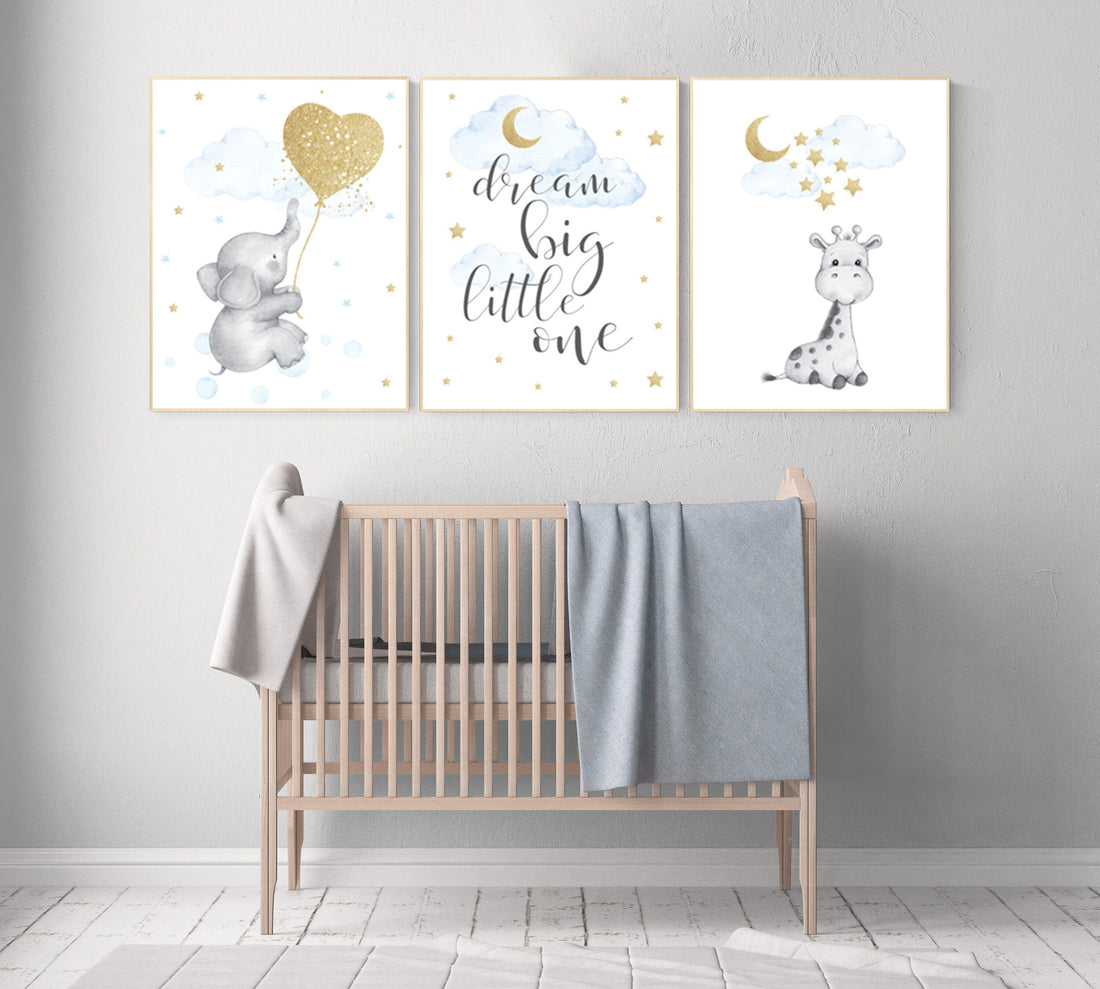 Nursery decor boy elephant, blue and gold nursery, dream big little one, blue nursery wall art, cloud and stars, baby room decor, wall art