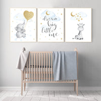 Nursery decor boy elephant, blue and gold nursery, dream big little one, blue nursery wall art, cloud and stars, baby room decor, wall art