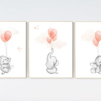Nursery decor girl coral, elephant balloon print, coral nursery, elephant artwork, elephant wall art, baby girl nursery wall art, balloons