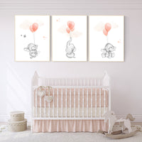 Nursery decor girl coral, elephant balloon print, coral nursery, elephant artwork, elephant wall art, baby girl nursery wall art, balloons