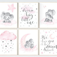 Nursery decor girl, nursery decor elephant, girl room wall art, baby nursery wall art, moon and stars nursery, nursery decor clouds stars