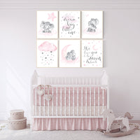 Nursery decor girl, nursery decor elephant, girl room wall art, baby nursery wall art, moon and stars nursery, nursery decor clouds stars