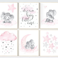 Nursery decor girl, nursery decor elephant, girl room wall art, baby nursery wall art, moon and stars nursery, nursery decor clouds stars