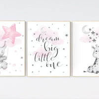 Nursery wall art girl, baby room decor girl pink gray, giraffe nursery, dream big little one, cloud and stars, elephant nursery wall art