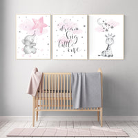 Nursery wall art girl, baby room decor girl pink gray, giraffe nursery, dream big little one, cloud and stars, elephant nursery wall art