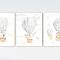 Gray nursery, grey nursery, hot air balloon, Nursery decor neutral, animal nursery, gender neutral, baby room decor, elephant, bunny giraffe