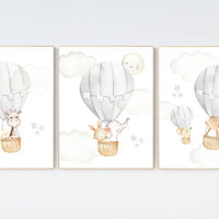 Nursery decor neutral, gray nursery, grey nursery, hot air balloon, animal nursery, gender neutral, baby room decor, elephant, bunny giraffe