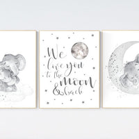 Grey nursery wall art, elephant nursery wall art, moon and stars, gender neutral, gray nursery art, baby room decor, neutral, twin nursery