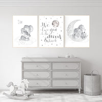 Grey nursery wall art, elephant nursery wall art, moon and stars, gender neutral, gray nursery art, baby room decor, neutral, twin nursery