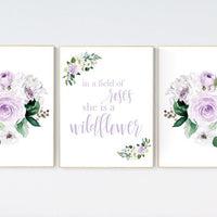 Nursery decor girl lavender, Nursery decor girl flower, purple, in a field of roses she is a wildflower, lilac, girl nursery wall art floral