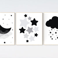 Nursery decor neutral, black and gray, Nursery wall art grey, gray nursery, black, baby room decor, gender neutral, moon and stars, clouds
