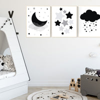 Nursery decor neutral, black and gray, Nursery wall art grey, gray nursery, black, baby room decor, gender neutral, moon and stars, clouds