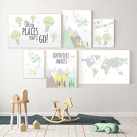 Adventure nursery decor, nursery decor airplane, world map nursery, adventure awaits, yellow mint nursery, travel theme, gender neutral