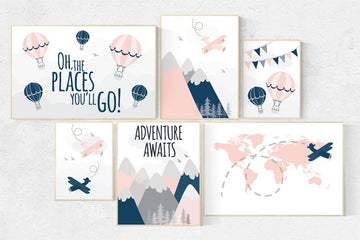 Adventure nursery decor, blush and navy, mountain art print set, blush navy gray, airplane, world map, adventure awaits hot air balloon
