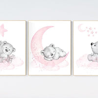Nursery decor bear, bear nursery print,  teddy bear, pink grey nursery, nursery wall art animals, girl room decor, baby girl nursery decor