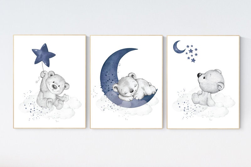Nursery decor bear, animal nursery prints, navy nursery, navy blue nursery, baby room wall art, woodland animal prints, teddy bear nursery