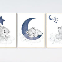 Nursery decor bear, animal nursery prints, navy nursery, navy blue nursery, baby room wall art, woodland animal prints, teddy bear nursery