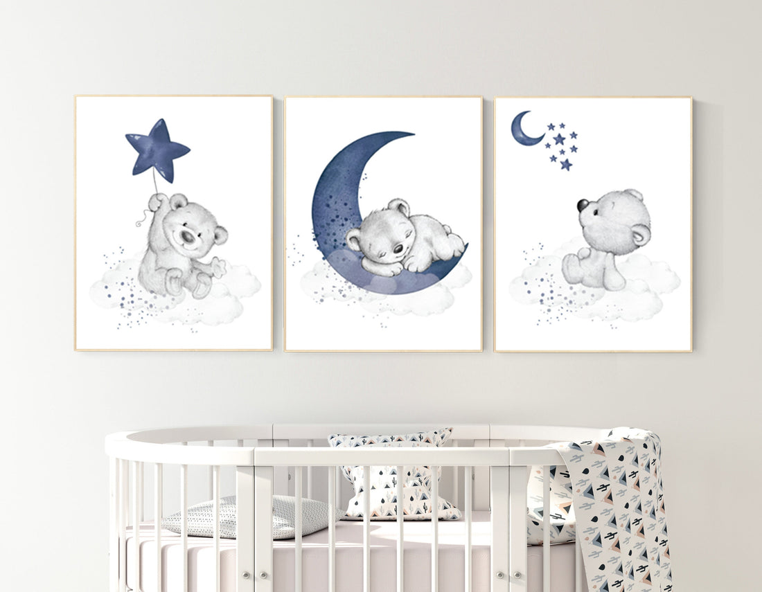 Nursery decor bear, animal nursery prints, navy nursery, navy blue nursery, baby room wall art, woodland animal prints, teddy bear nursery
