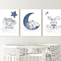Nursery decor elephant and giraffe, animal nursery prints, navy nursery, navy blue nursery, baby room wall art, woodland animal prints