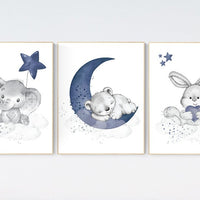 Nursery decor elephant and giraffe, animal nursery prints, navy nursery, navy blue nursery, baby room wall art, woodland animal prints